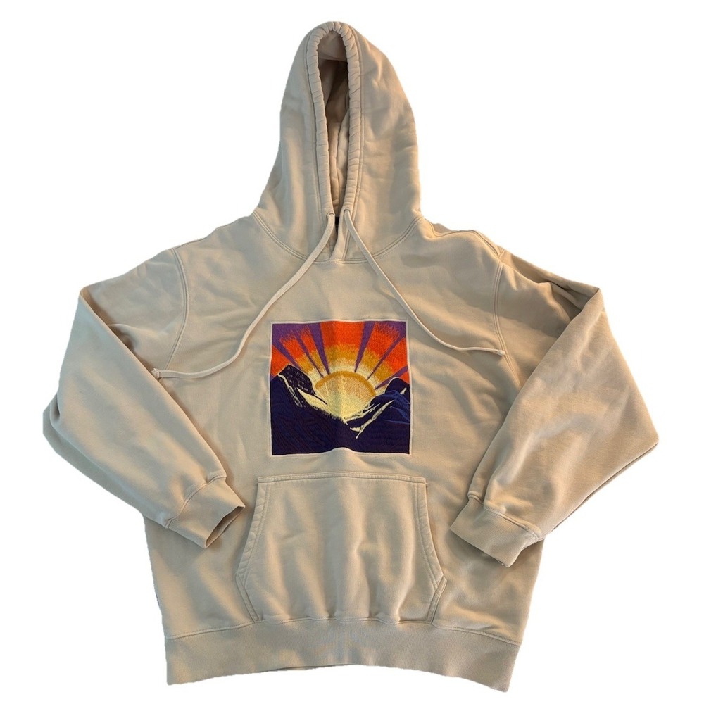 Wassup House Mountain Sunrise Embroidered Graphic Cozy Hoodie Heavyweight Tan XL